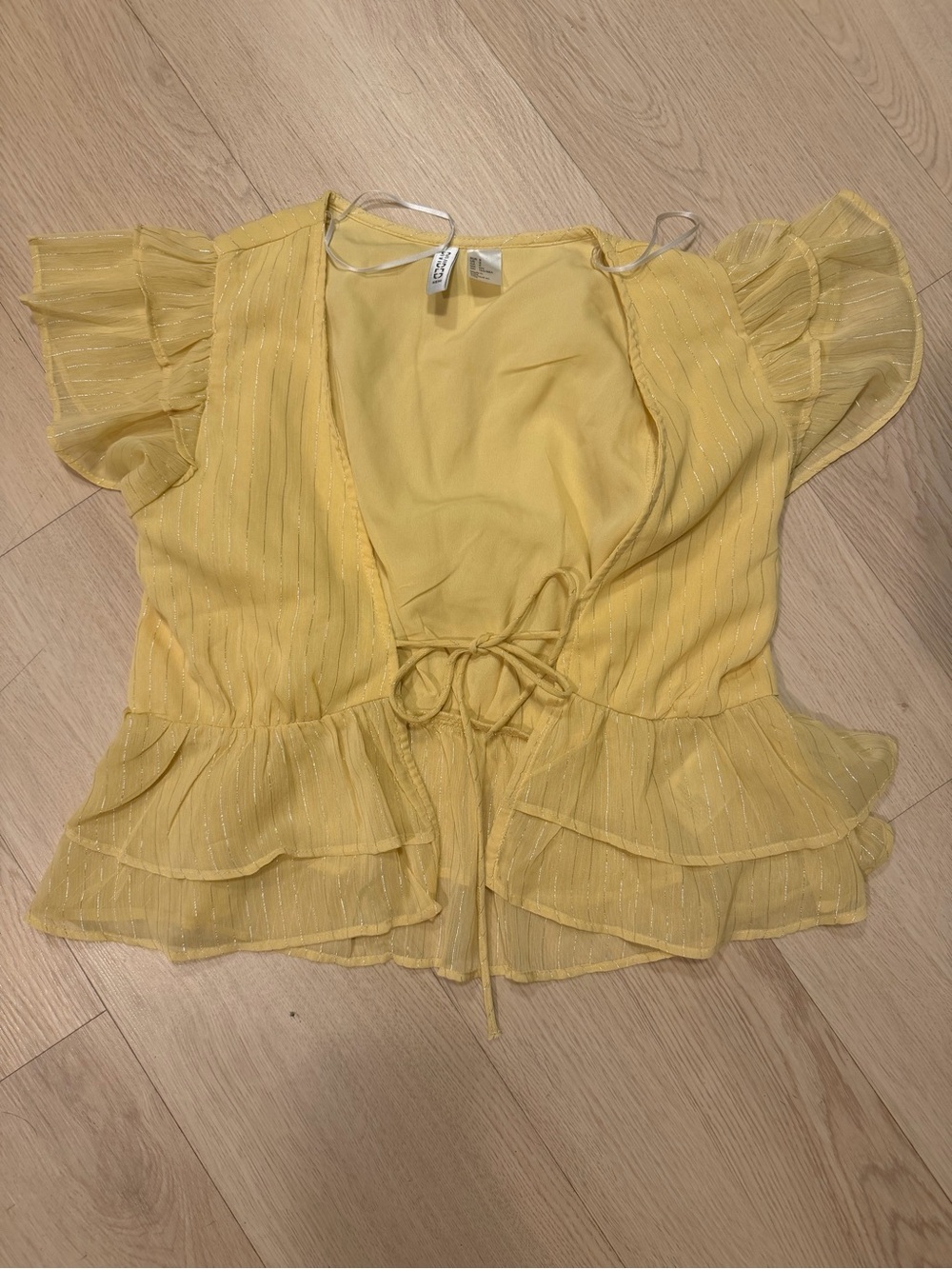 Divided Yellow Sheer Ruffle Tie-Front Blouse